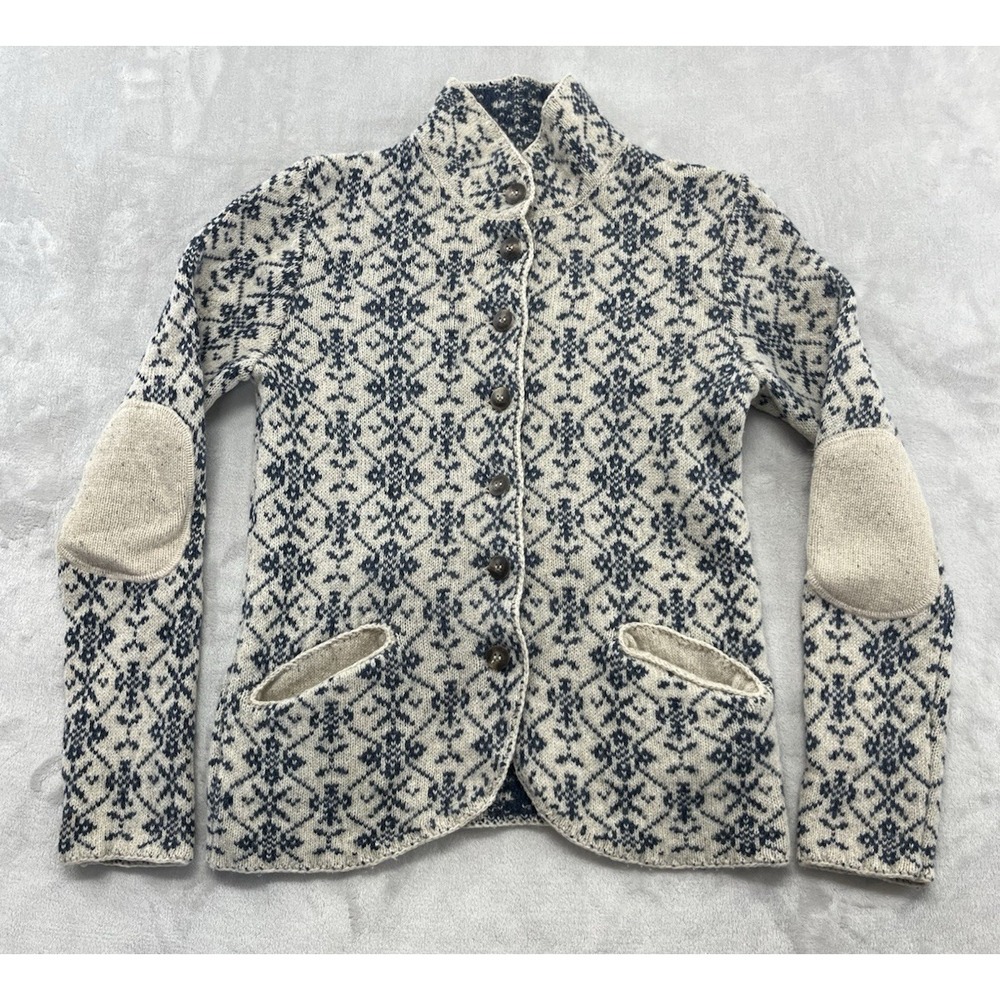 Sundance Cardigan Sweater Women XS Beige Blue Elbow Patch Lambswool Blend Preppy